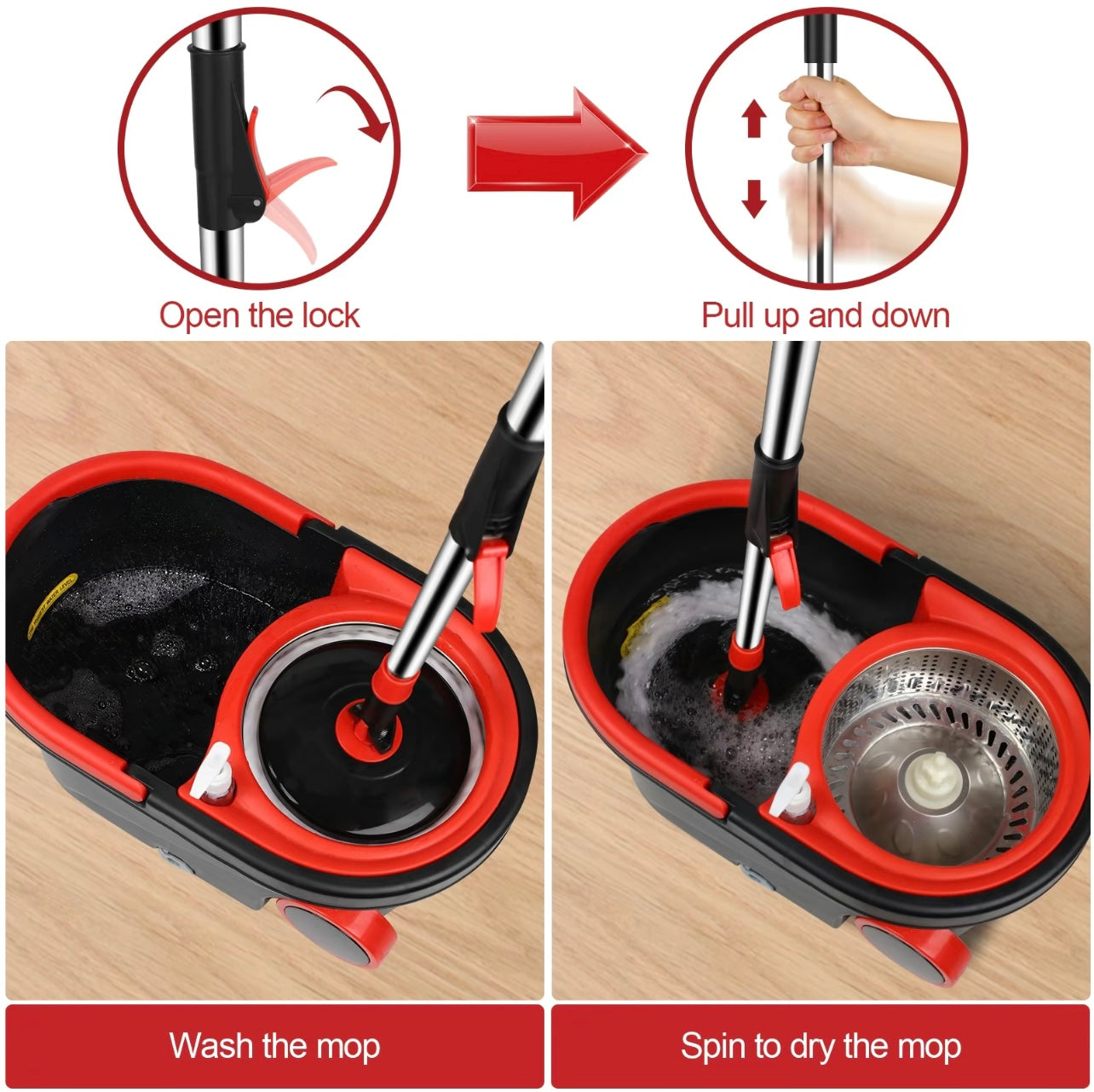 Self-Cleaning Spin Mop & Bucket with Microfiber Pads – No Touch, No Mess