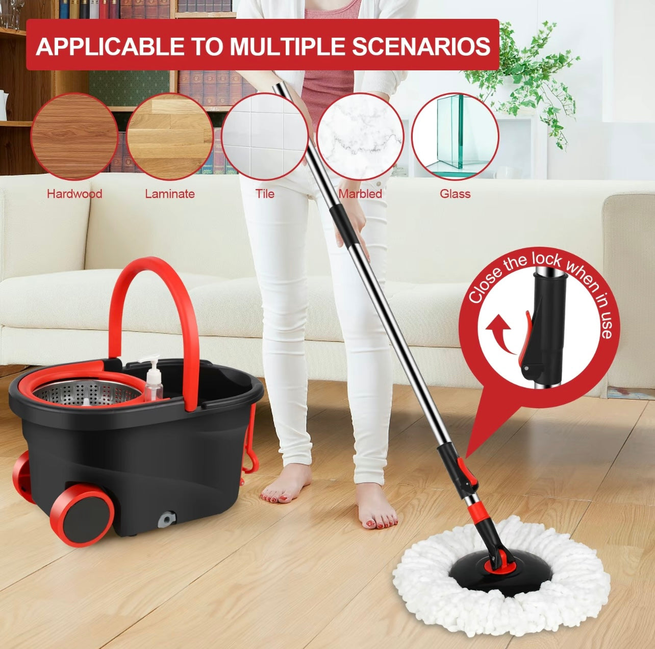 Self-Cleaning Spin Mop & Bucket with Microfiber Pads – No Touch, No Mess