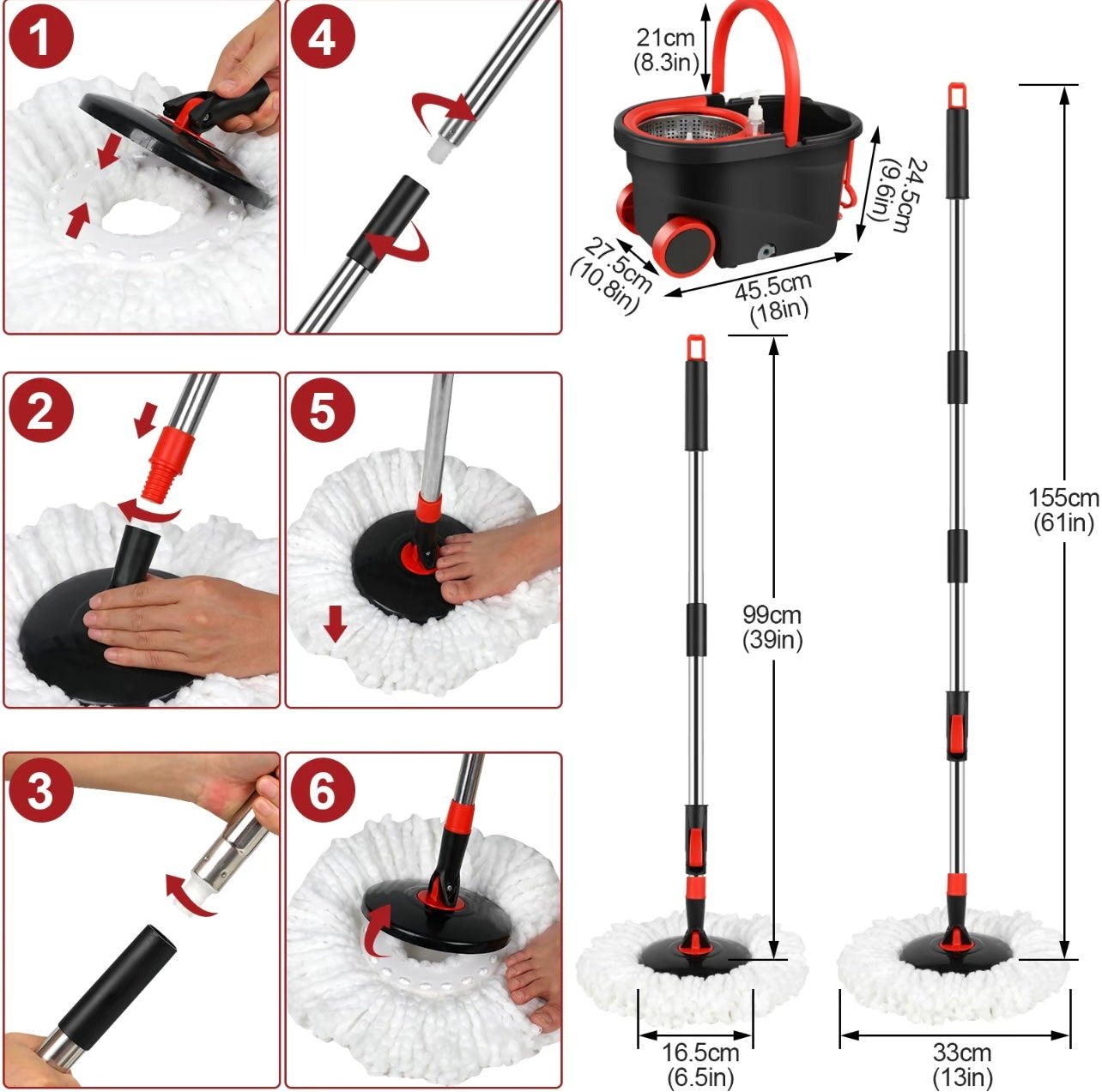 Self-Cleaning Spin Mop & Bucket with Microfiber Pads – No Touch, No Mess