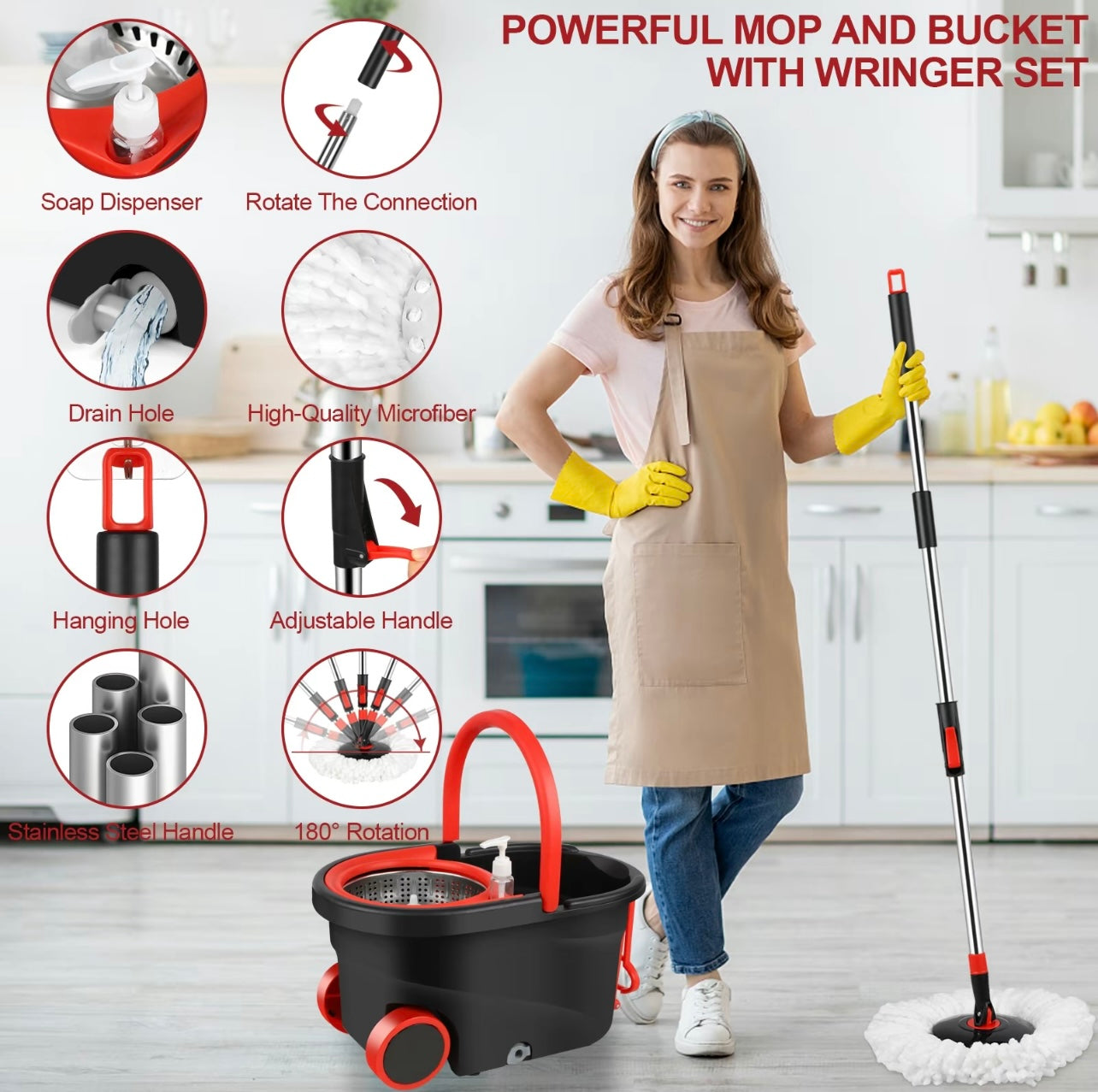 Self-Cleaning Spin Mop & Bucket with Microfiber Pads – No Touch, No Mess